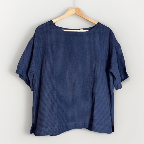 Eileen Fisher Tops - Eileen Fisher Organic Linen Black Blue Checkered Gingham Top Size Small Boxy